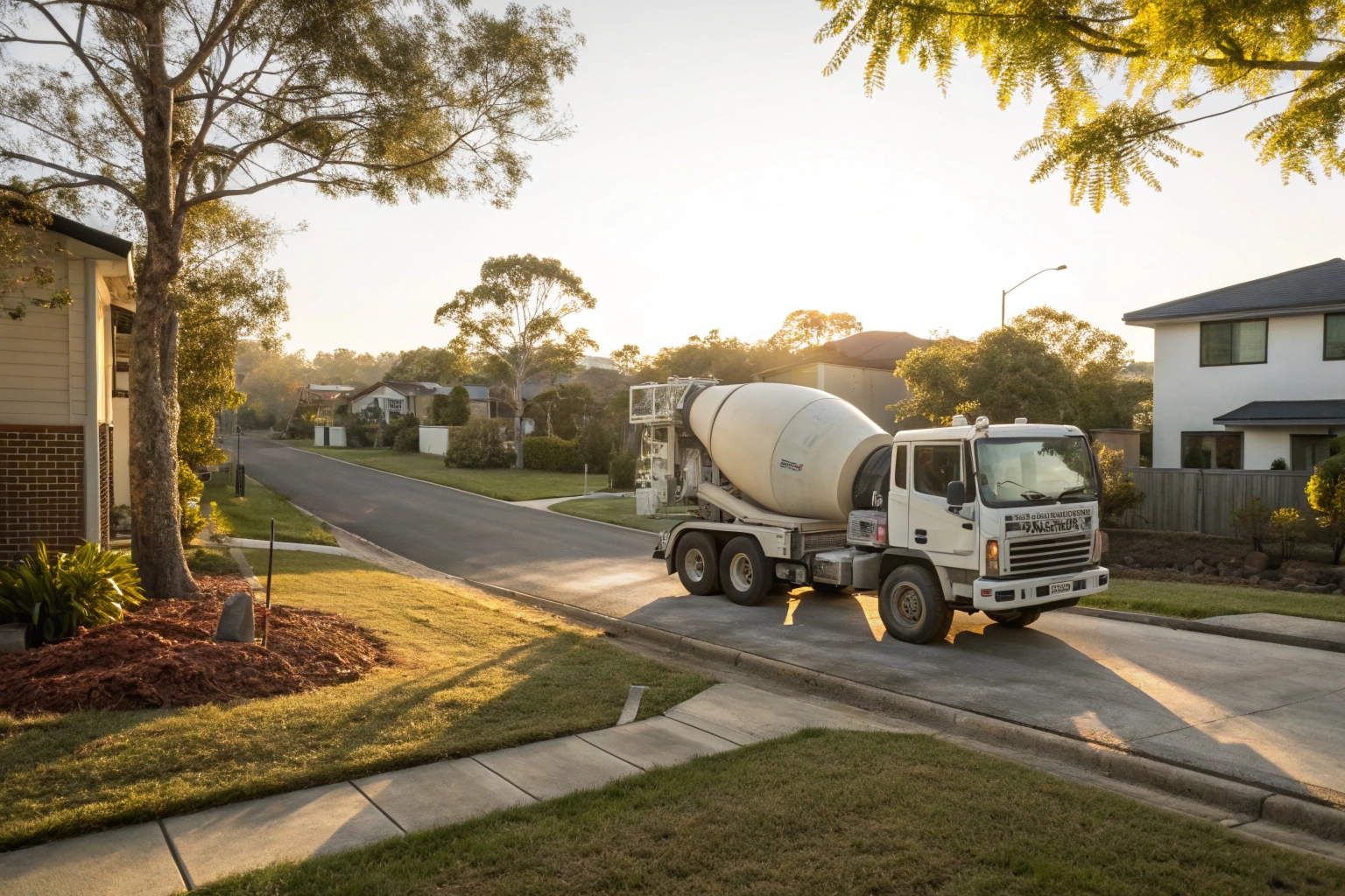 Ready mix concrete truck delivering to a residential driveway in Hervey Bay