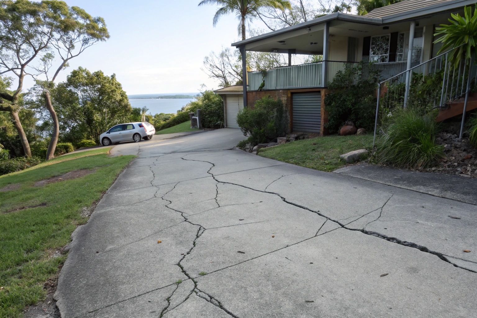 Cracked and damaged concrete driveway at Hervey Bay home ready for demolition and replacement
