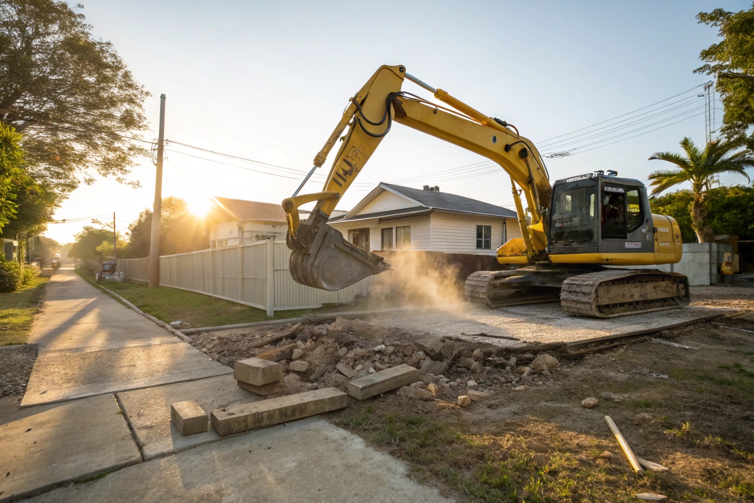 Excavator breaking up concrete slab in Hervey Bay residential backyard