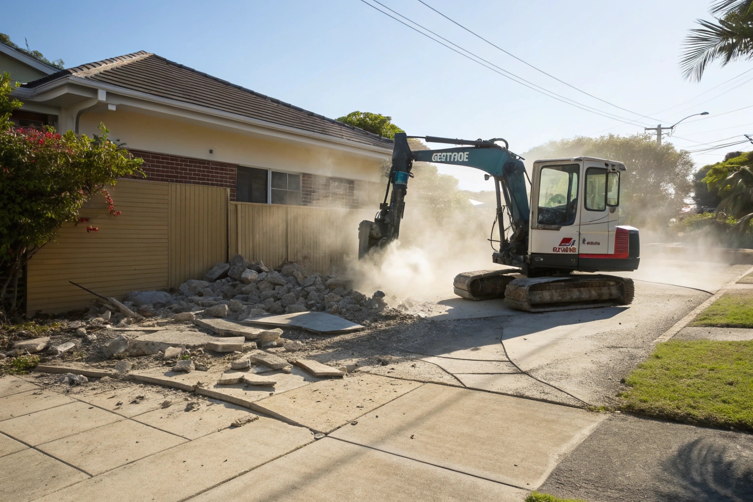 Excavator with hydraulic breaker removing cracked concrete driveway at Hervey Bay residential property