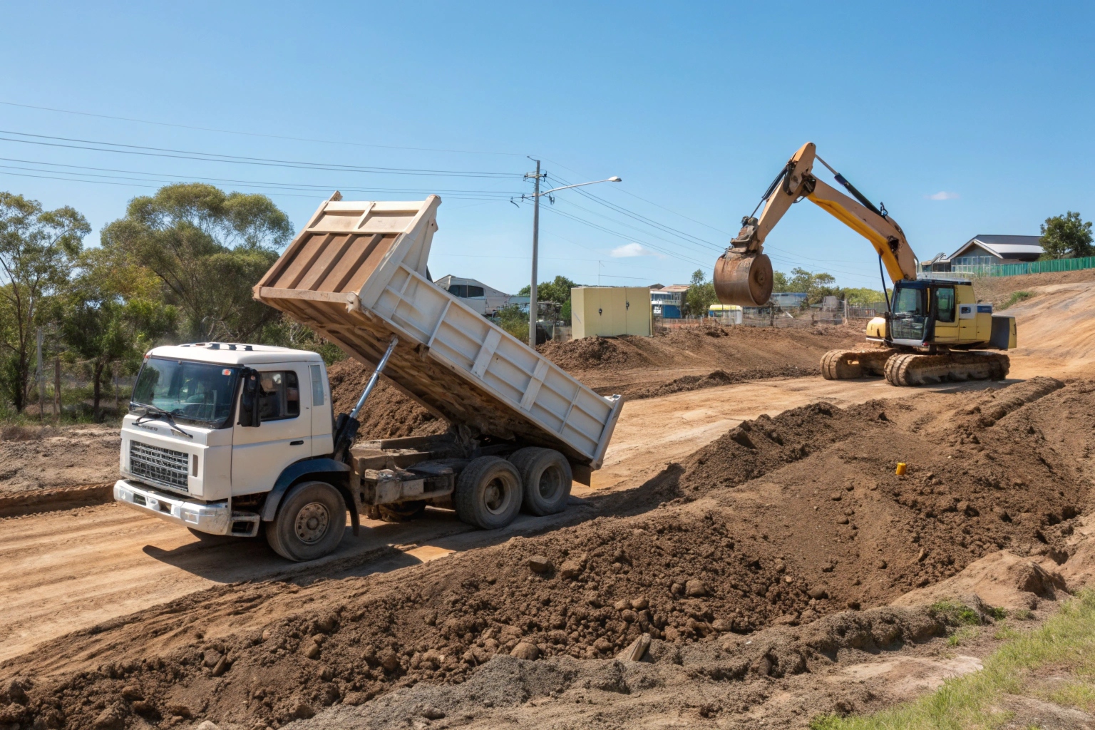 a-tipper-truck-being-loaded-with-excavated-soil-on Tipper truck removing excavated material from site preparation works in Hervey Bay