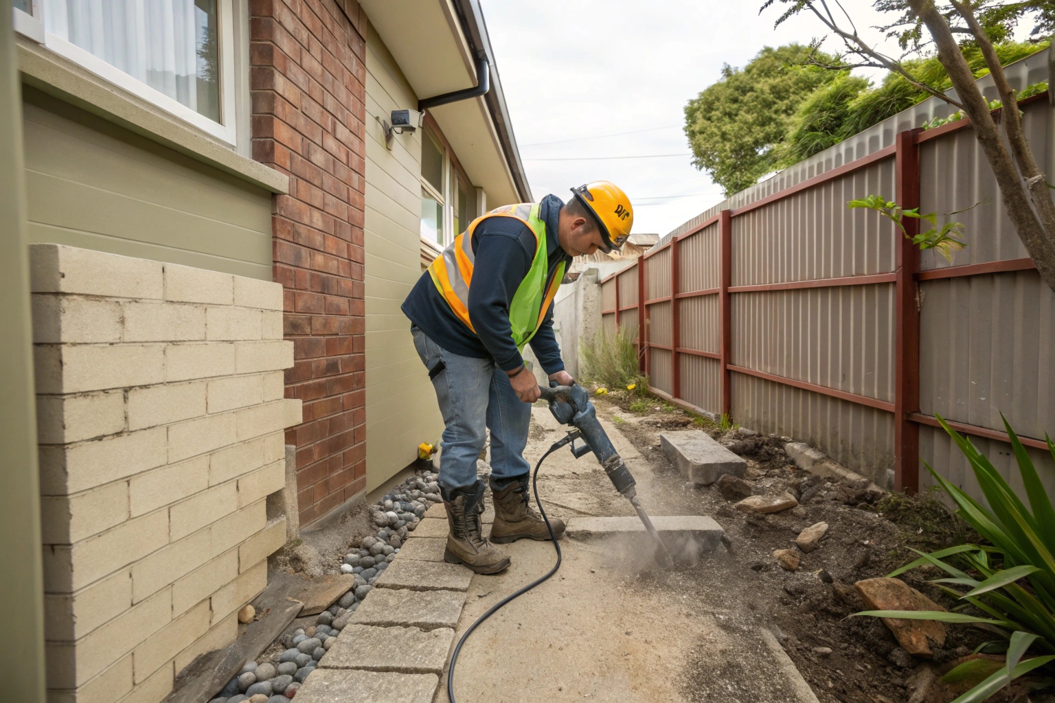 Tradesman using pneumatic breaker for concrete path demolition in confined residential backyard