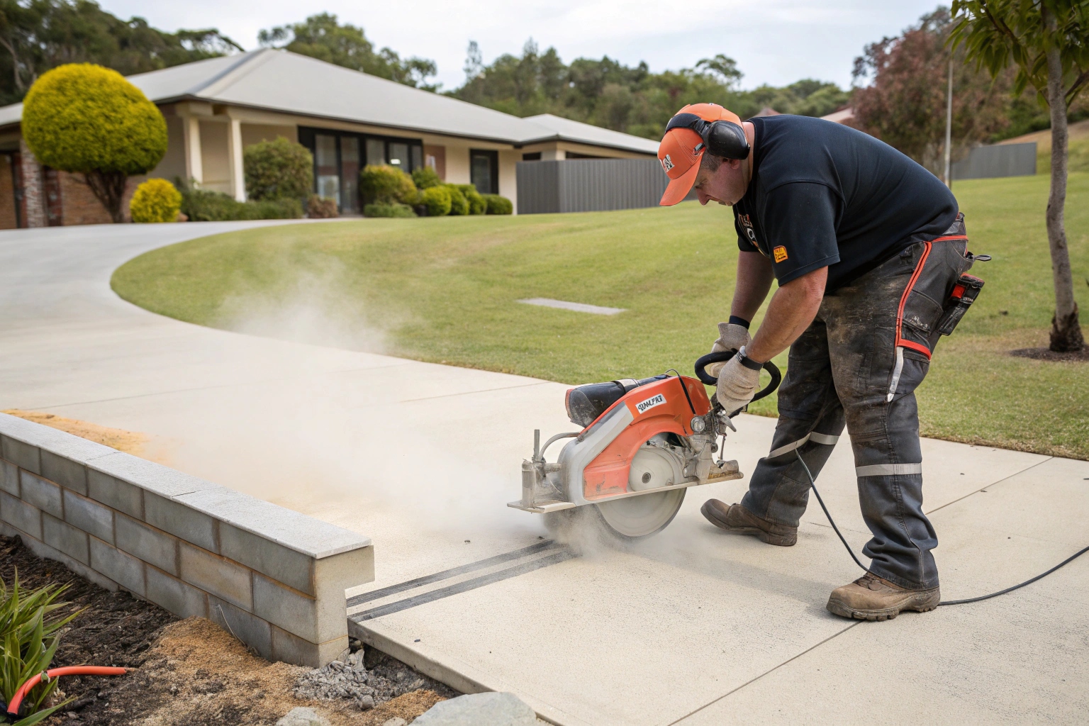 Tradie saw cutting clean edges on concrete driveway before breaking work begins
