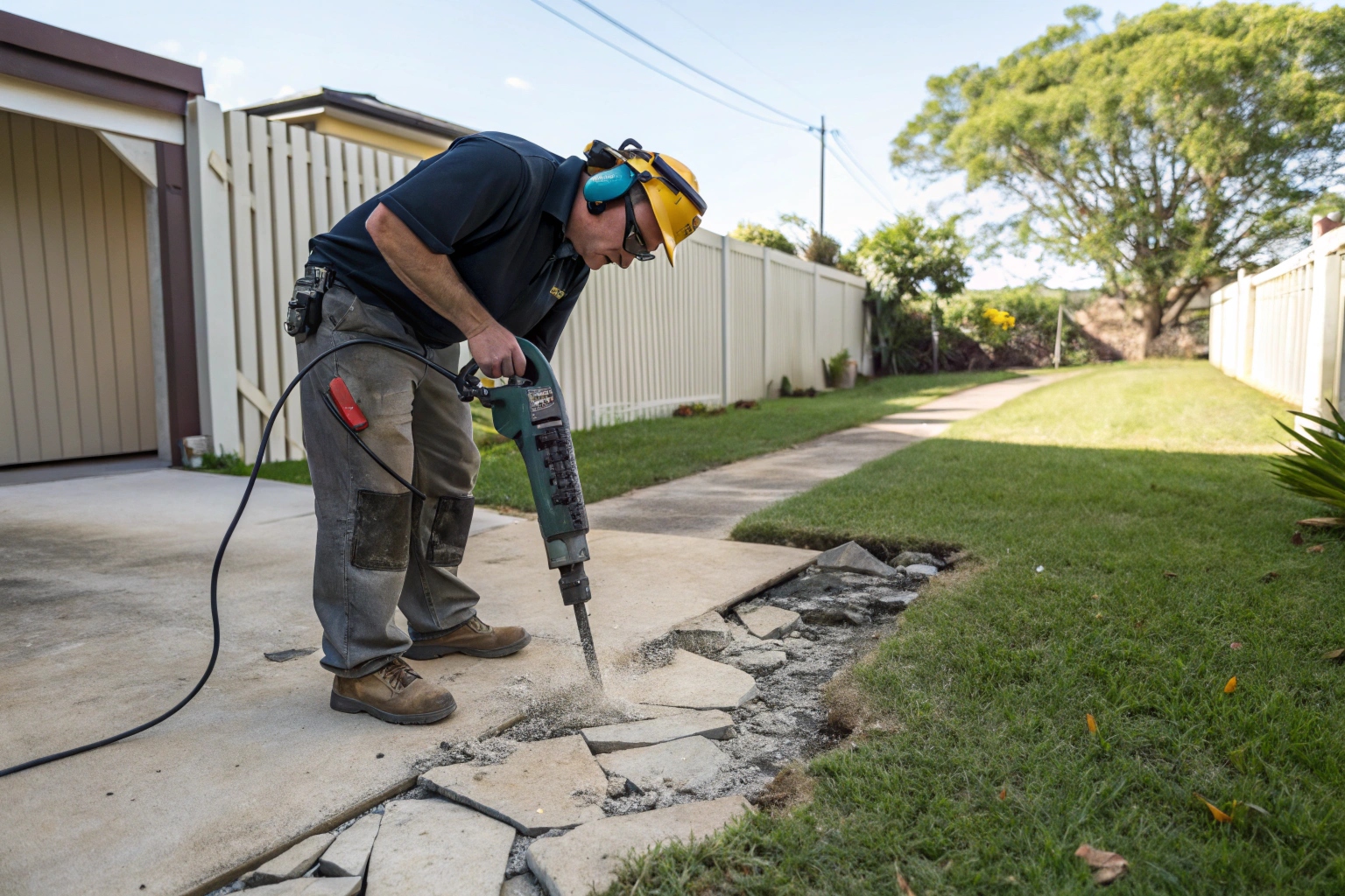 Tradie breaking residential concrete driveway with hand-held demolition hammer in Hervey Bay