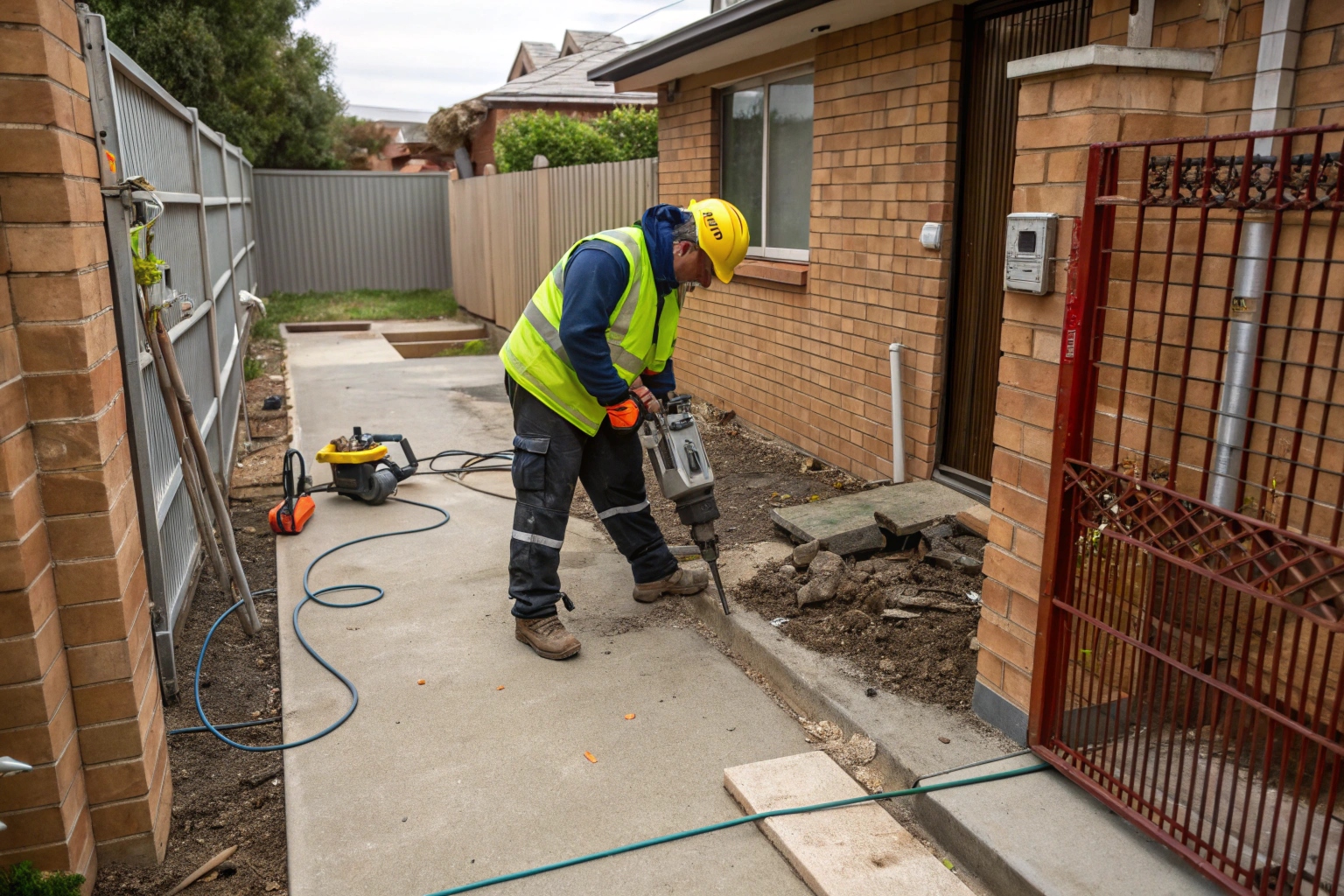 Demolition worker using hand breaker on concrete slab in confined residential space