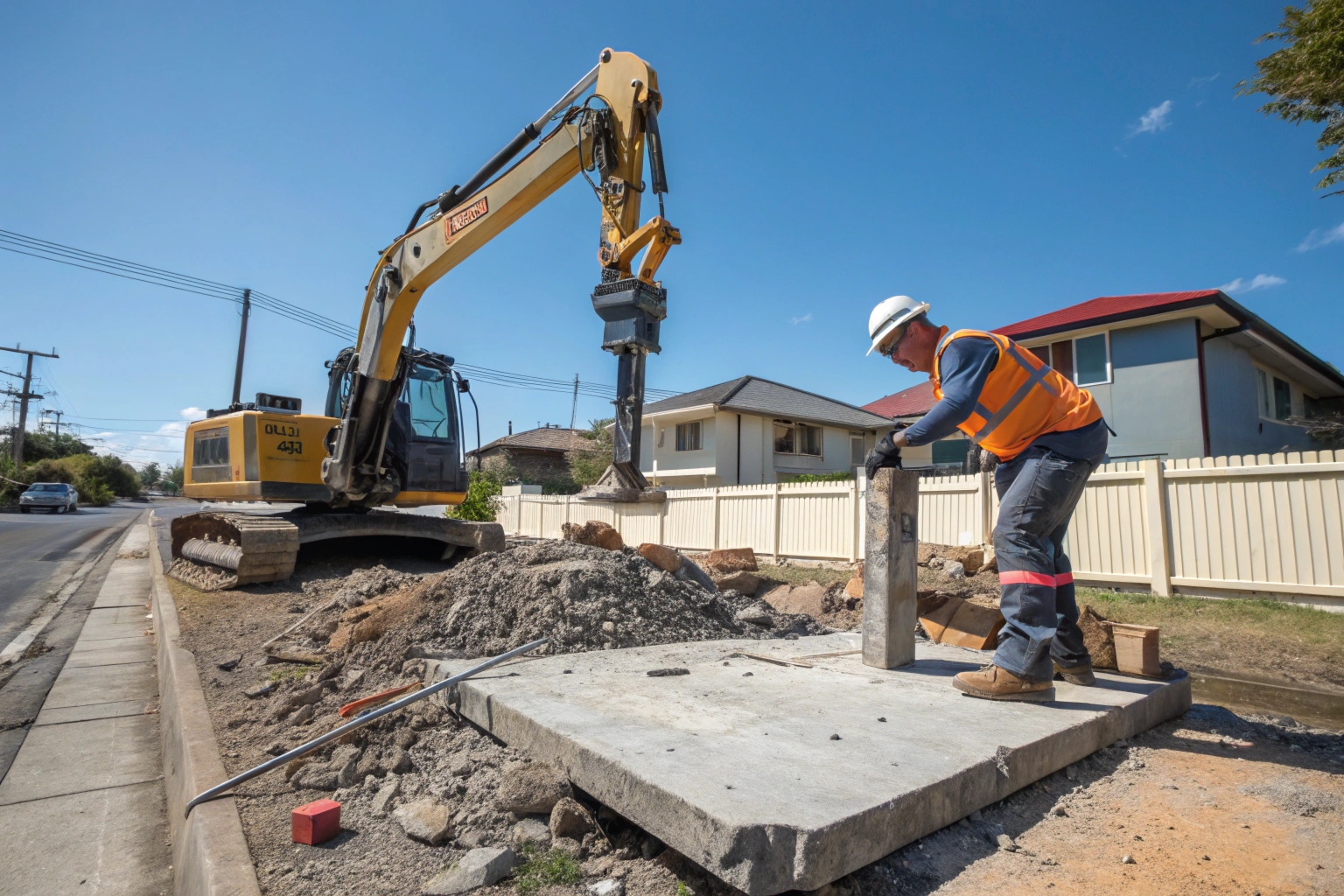 Excavator-mounted hydraulic breaker demolishing thick concrete slab on Queensland construction site