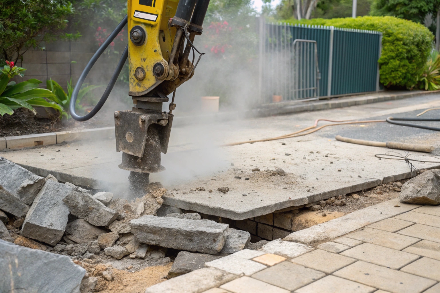 Excavator hydraulic breaker removing reinforced concrete driveway slab