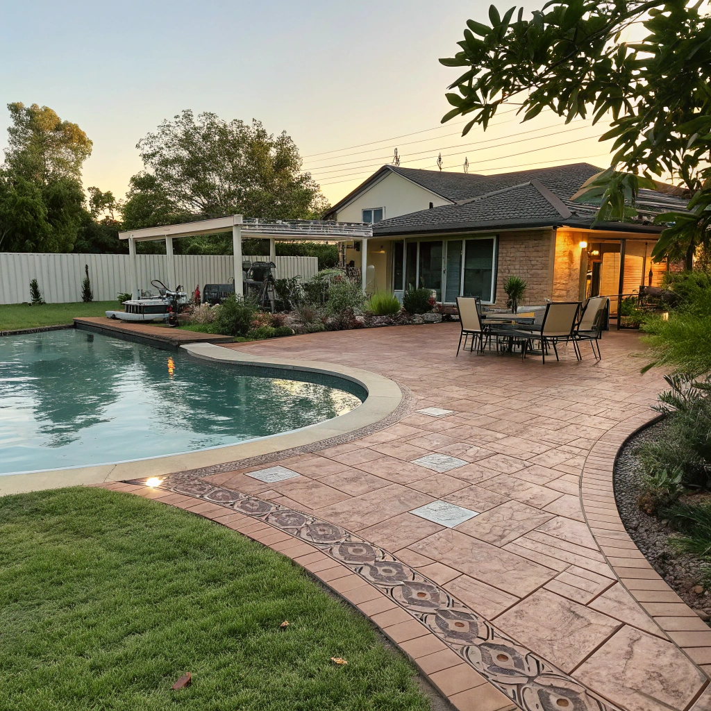Coloured stamped concrete pool surround outdoor entertaining area Queensland