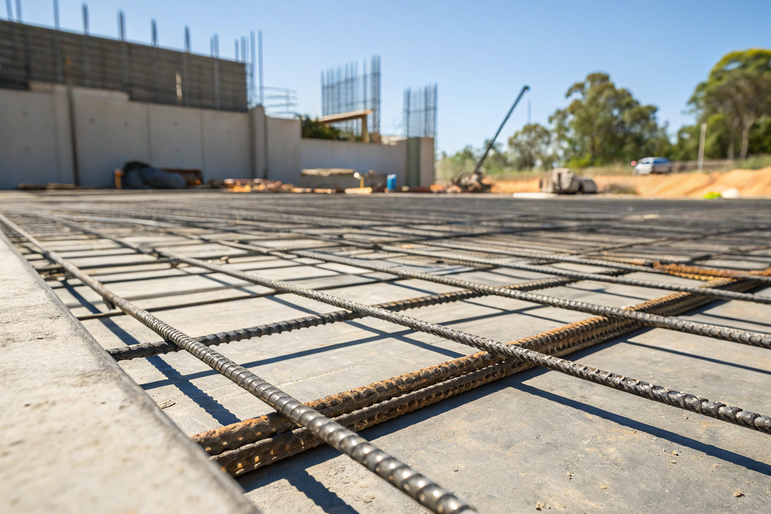 Steel reinforcement bars laid out on commercial concrete site on the Fraser Coast