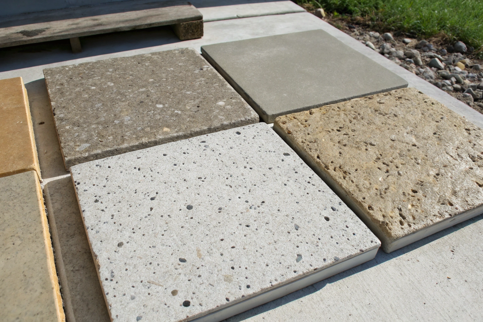 Four residential concrete finish options including exposed aggregate, brushed, honed and stencilled concrete