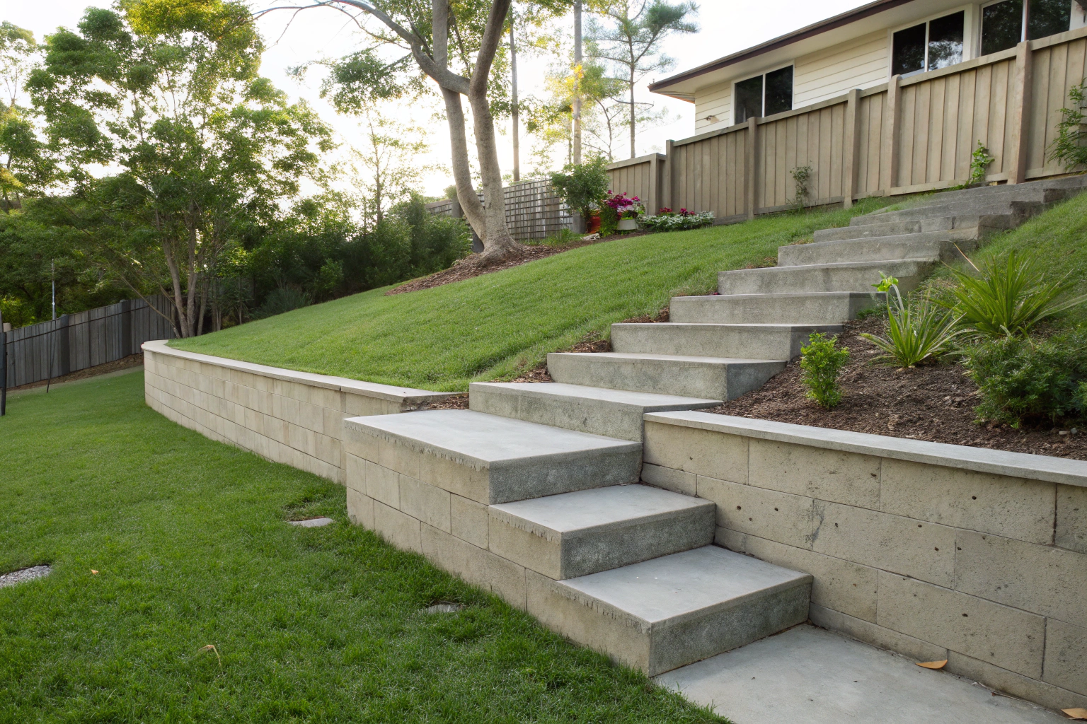 Concrete steps integrated into a retaining wall on a sloping Hervey Bay block