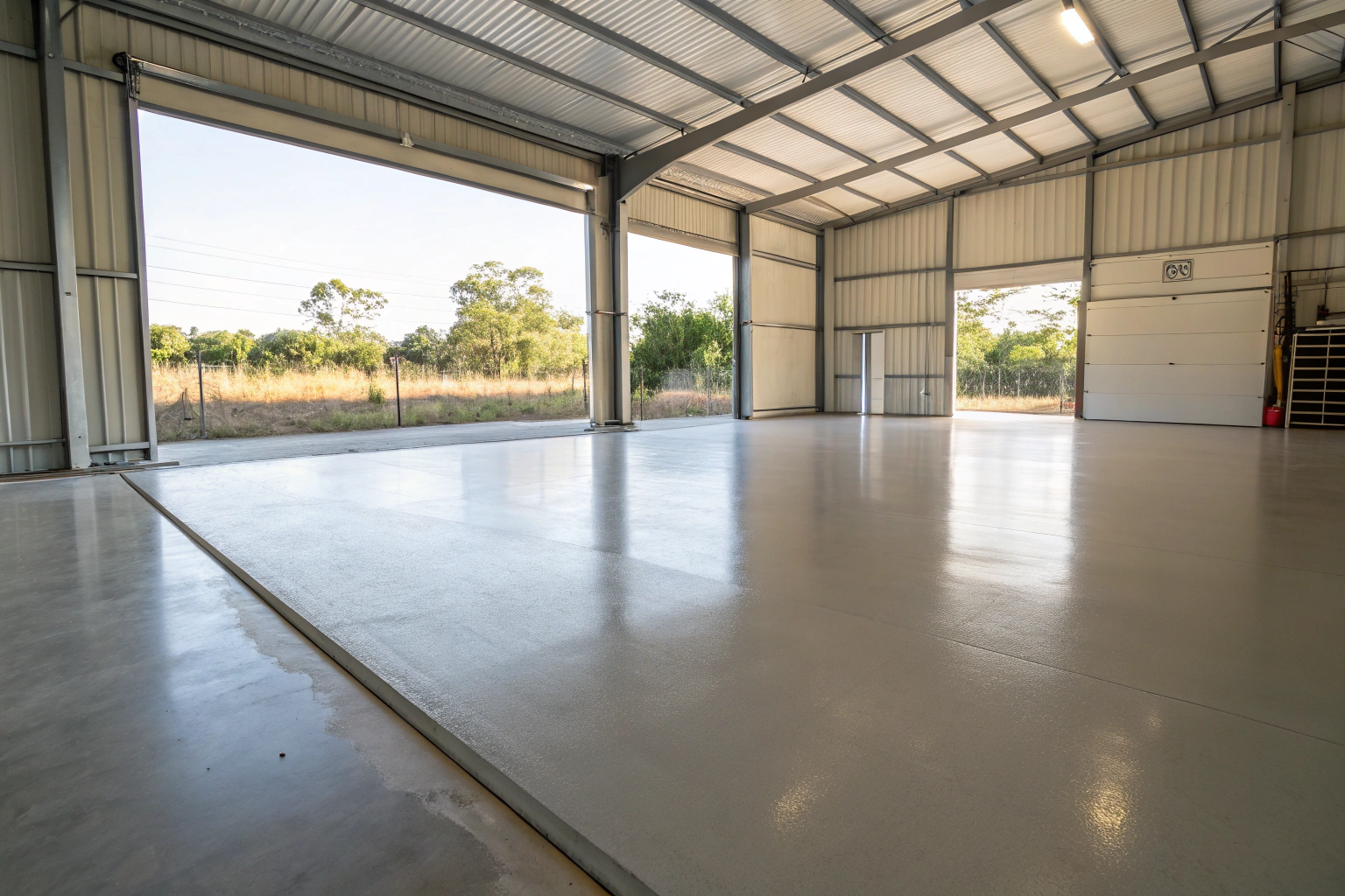 Large concrete workshop slab with smooth float finish on a Fraser Coast property