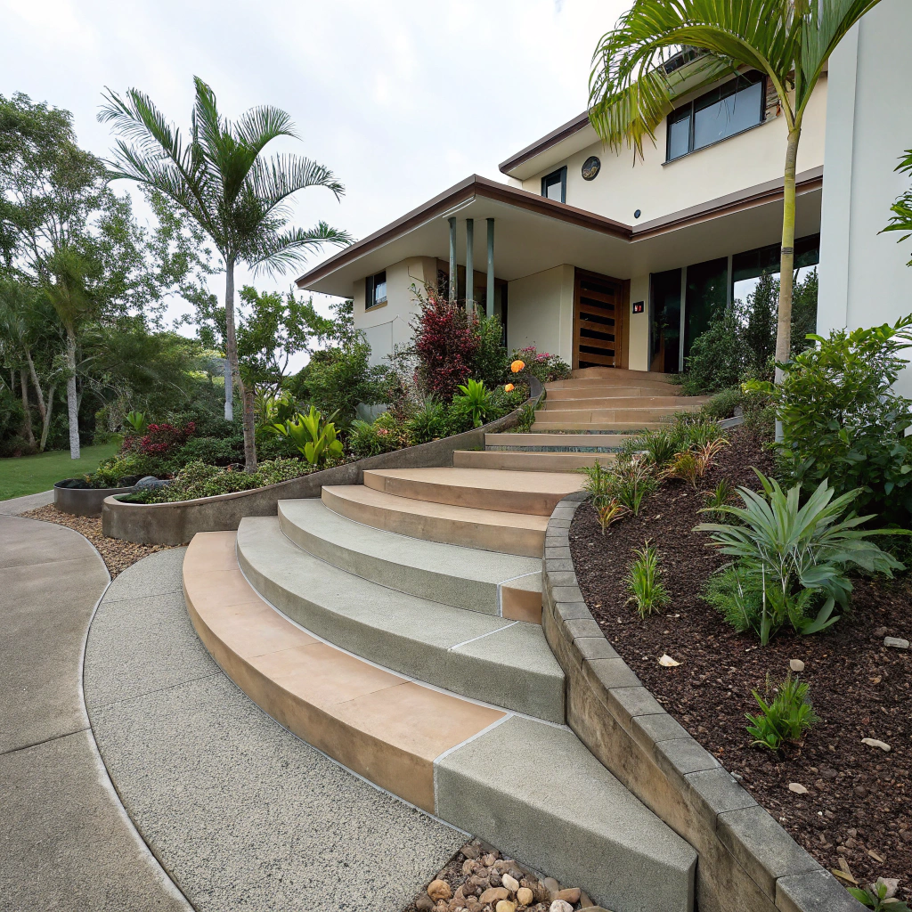 Curved concrete feature entry steps at a Hervey Bay home