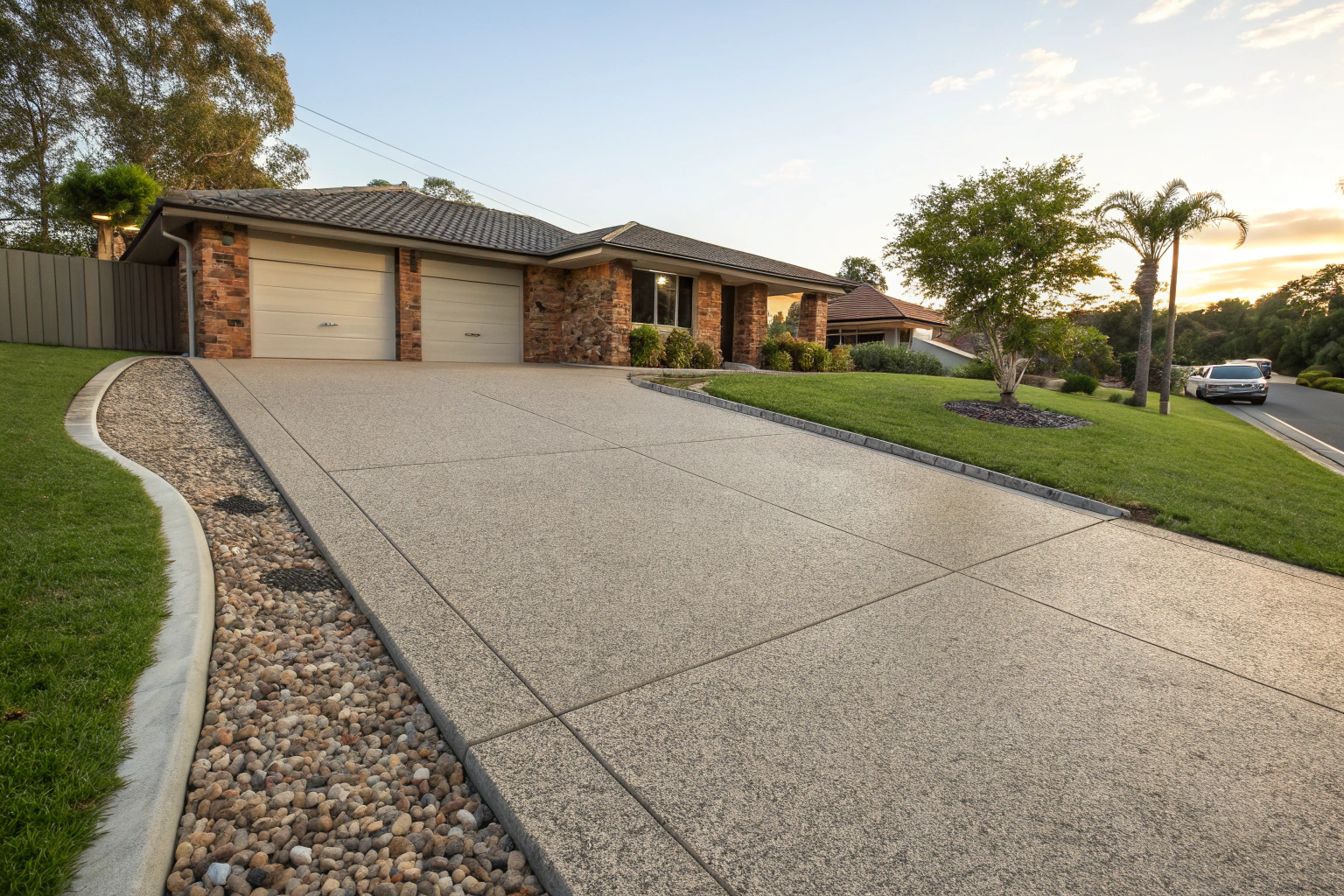 Exposed aggregate concrete driveway at a residential home in Hervey Bay
