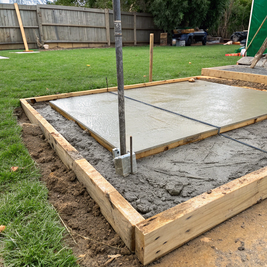 Concrete pad footing being poured for a pergola post on a Fraser Coast residential property