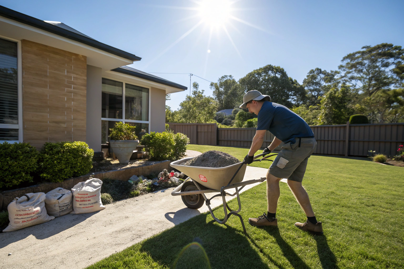 worker mixing premix concrete on site for a small residential repair job