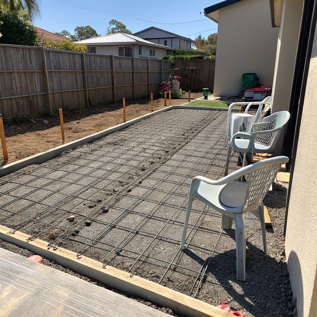 Steel mesh reinforcement laid on chairs over compacted subbase before concrete pour