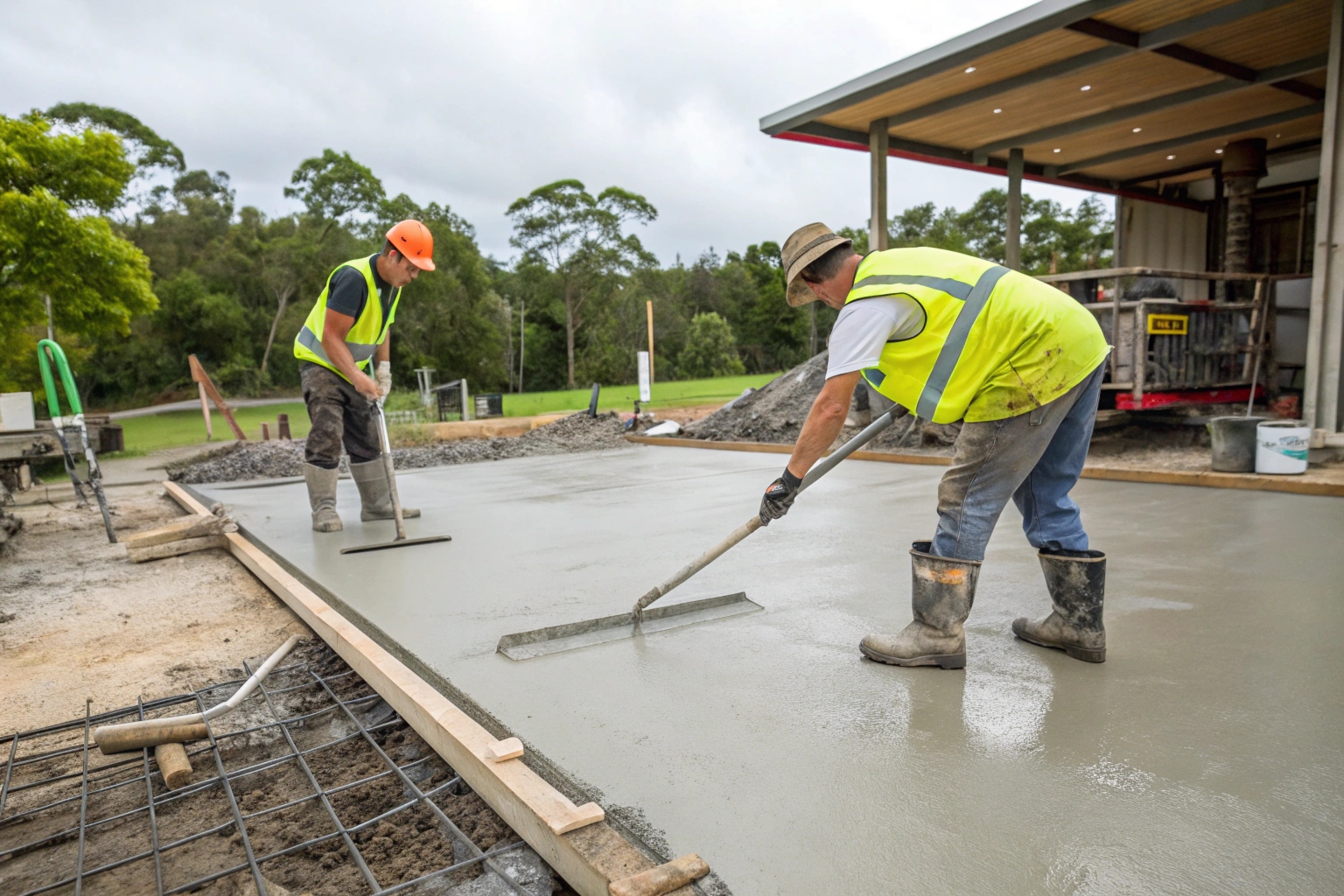 two-concreters-in-hi-vis-and-boots-spreading-and-s Concreters placing and screeding a house slab pour on a Fraser Coast residential site