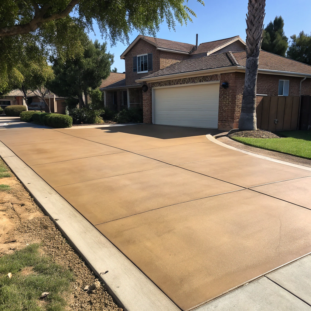 Coloured concrete driveway at a Hervey Bay home with warm earth tone finish