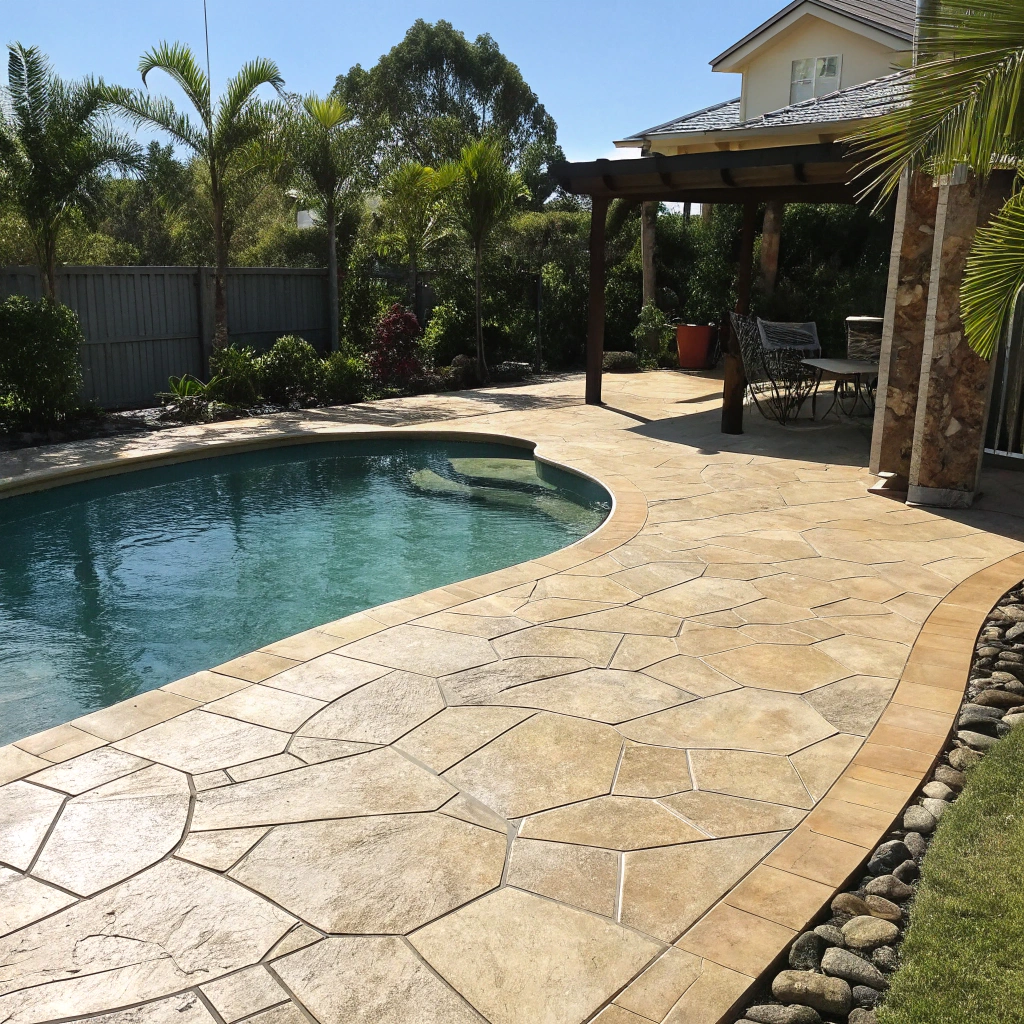 Stamped concrete pool surround with random stone pattern in Queensland backyard
